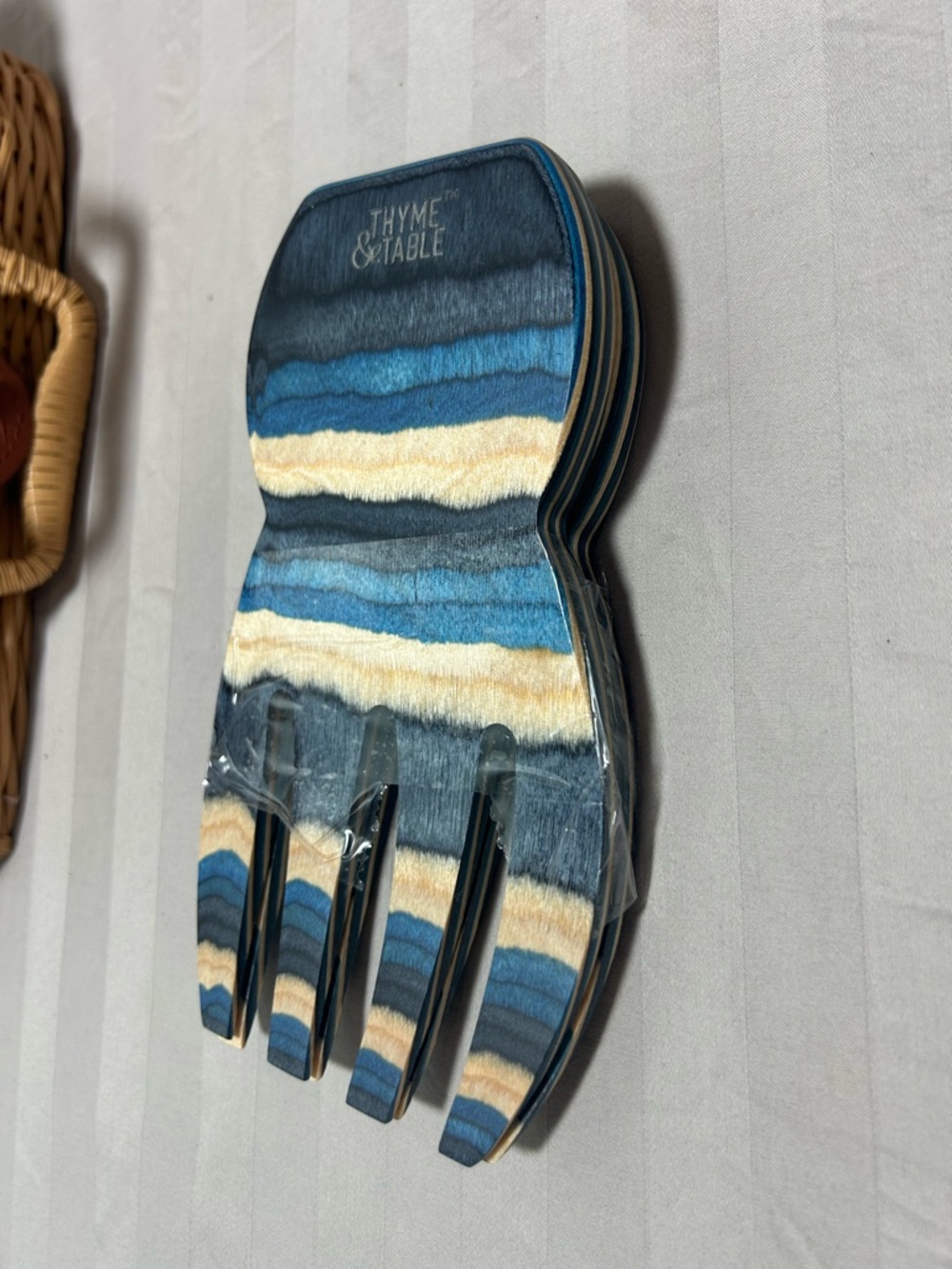 NEW Thyme & Table Blue Striped Pakka Wood Salad Hands